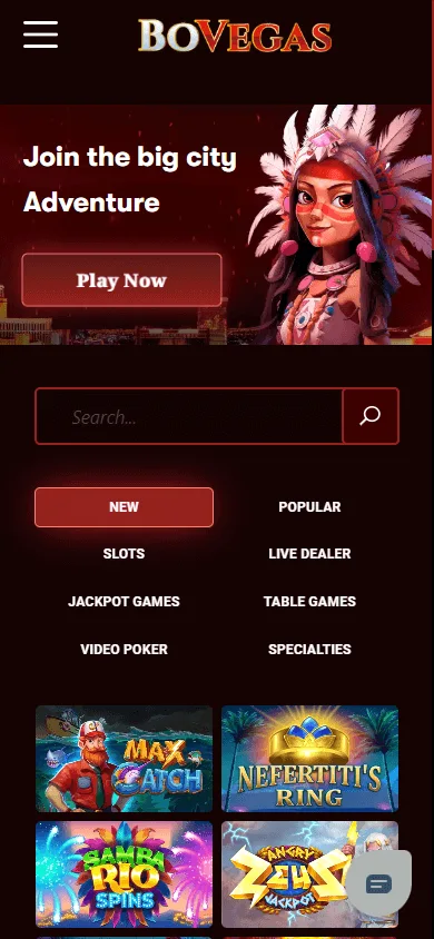 BoVegas Casino games area on a mobile browser